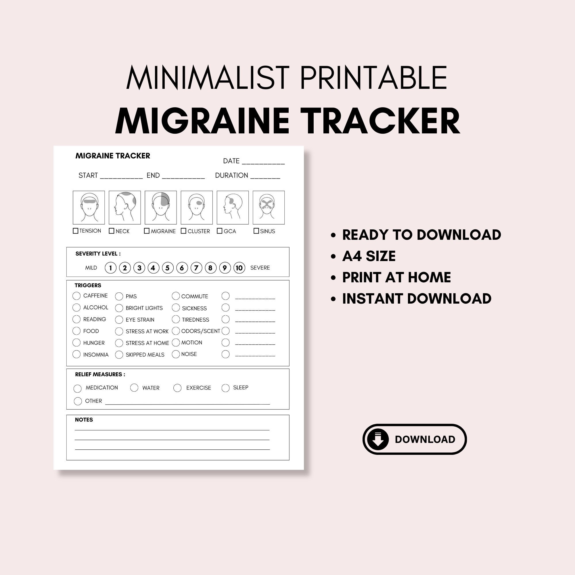Migraine Tracker Printable Headache Tracker Migraine Log A4 Instant Download
