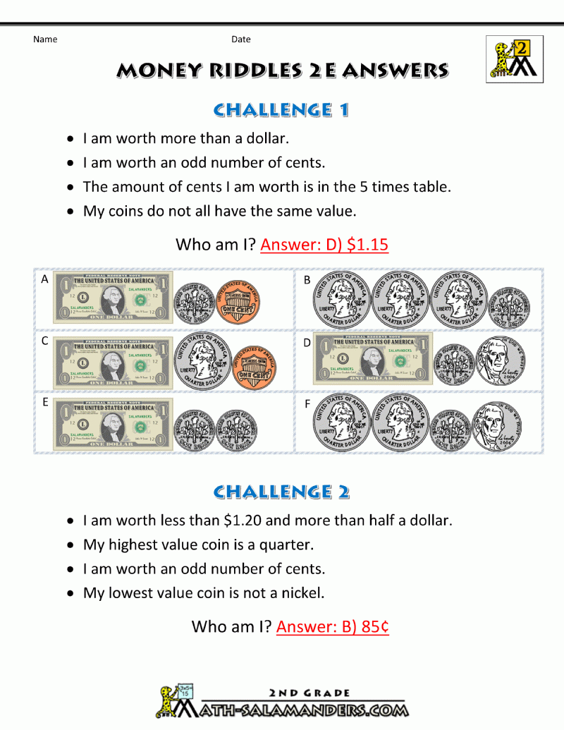 Money Math Worksheets Money Riddles