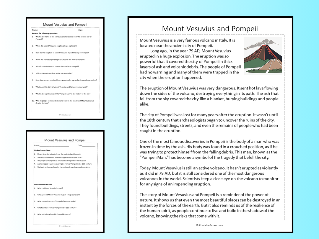 Mount Vesuvius And Pompeii Reading Comprehension Passage Printable 