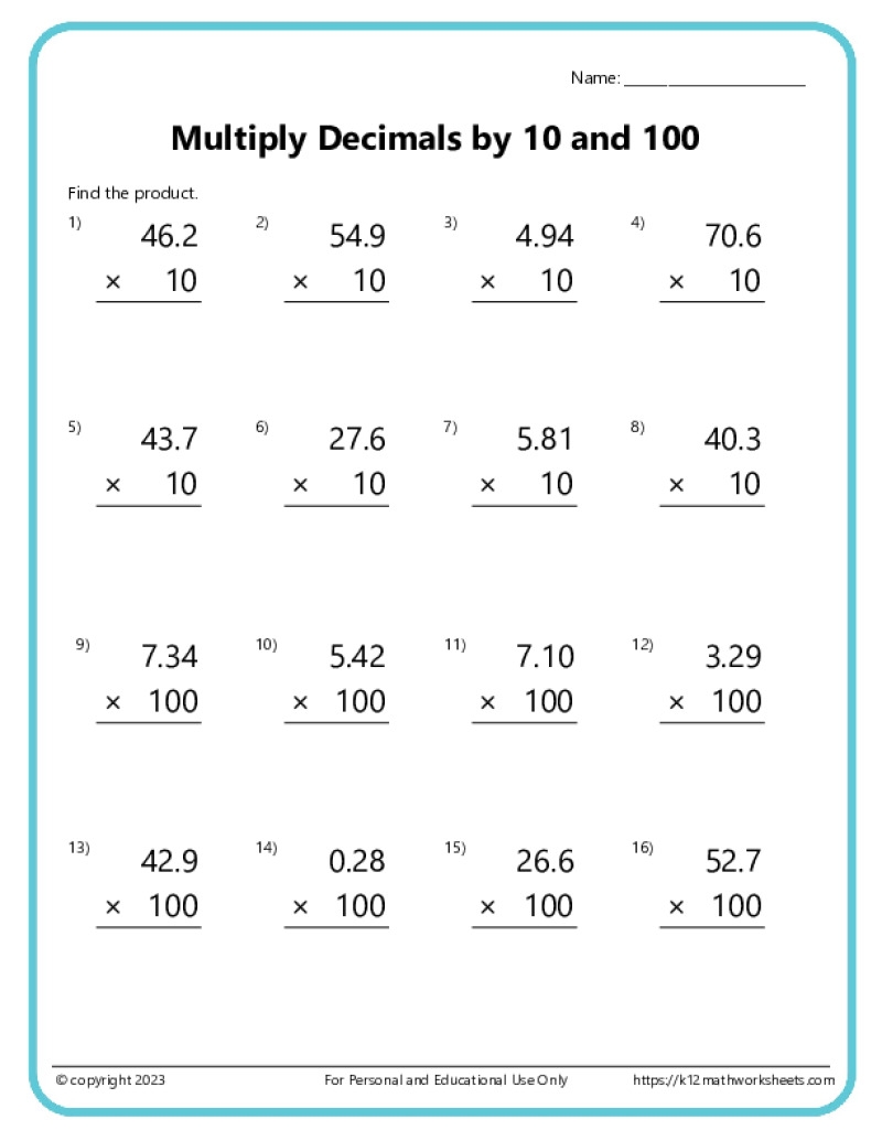 Multiplying Decimals Worksheets