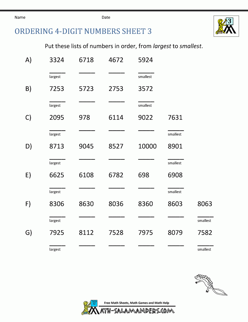 Ordering 4 Digit Numbers Worksheets 3rd Grade