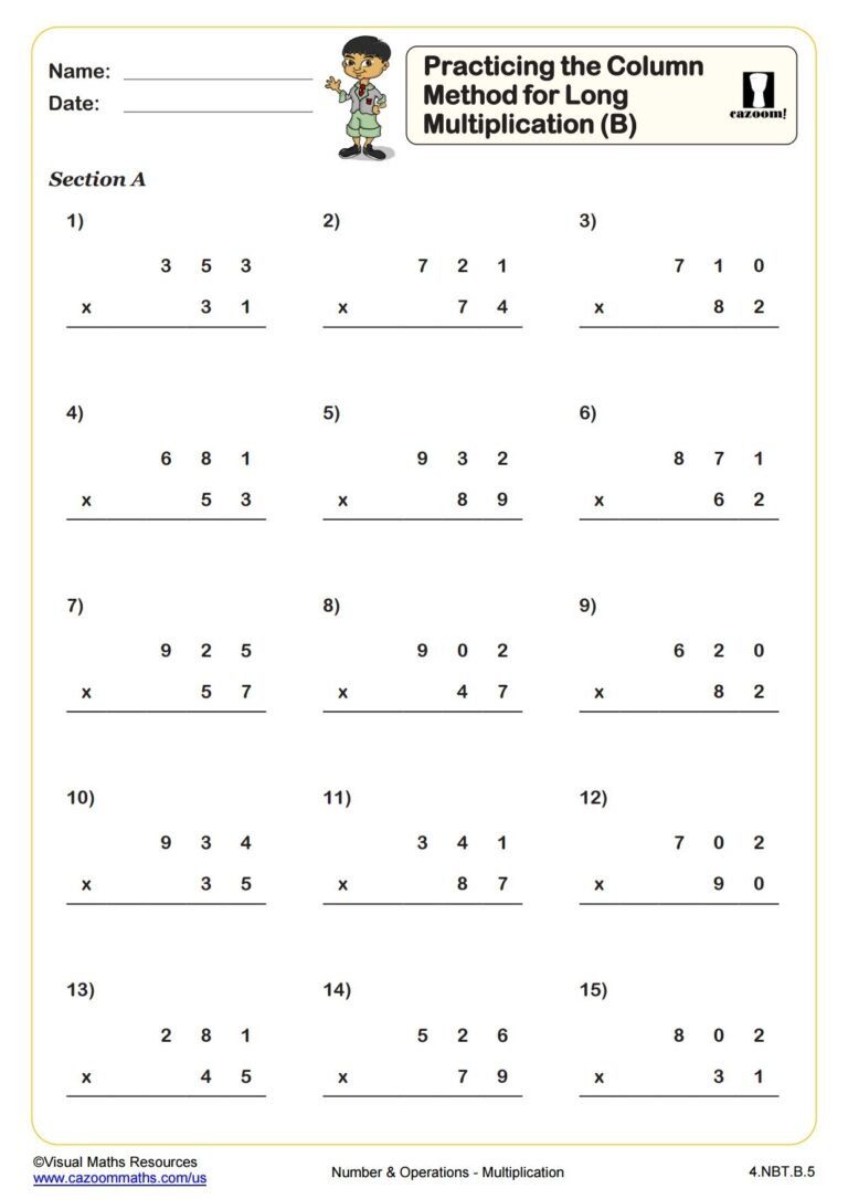 Practicing The Column Method For Long Multiplication B PDF