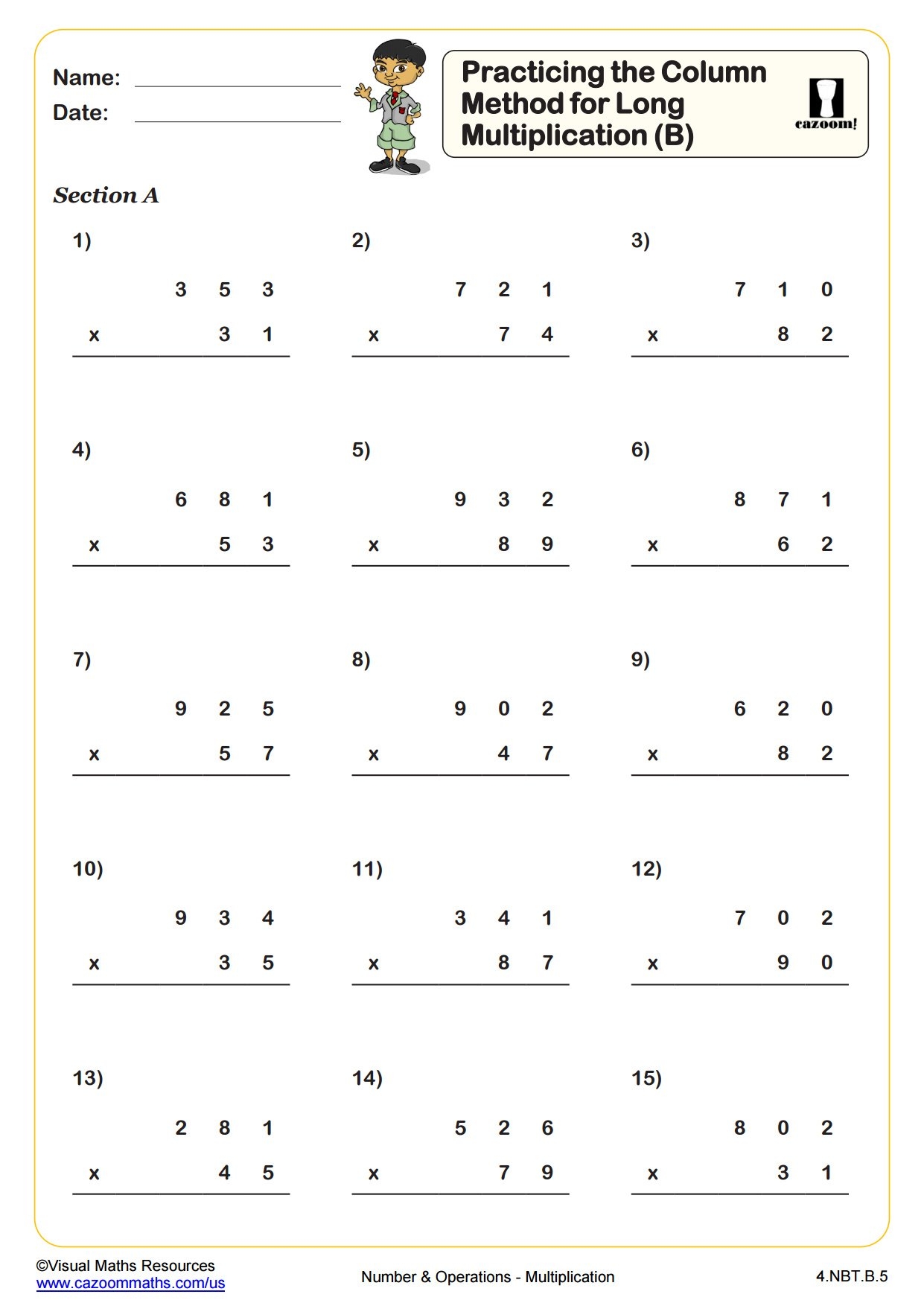 Practicing The Column Method For Long Multiplication B PDF