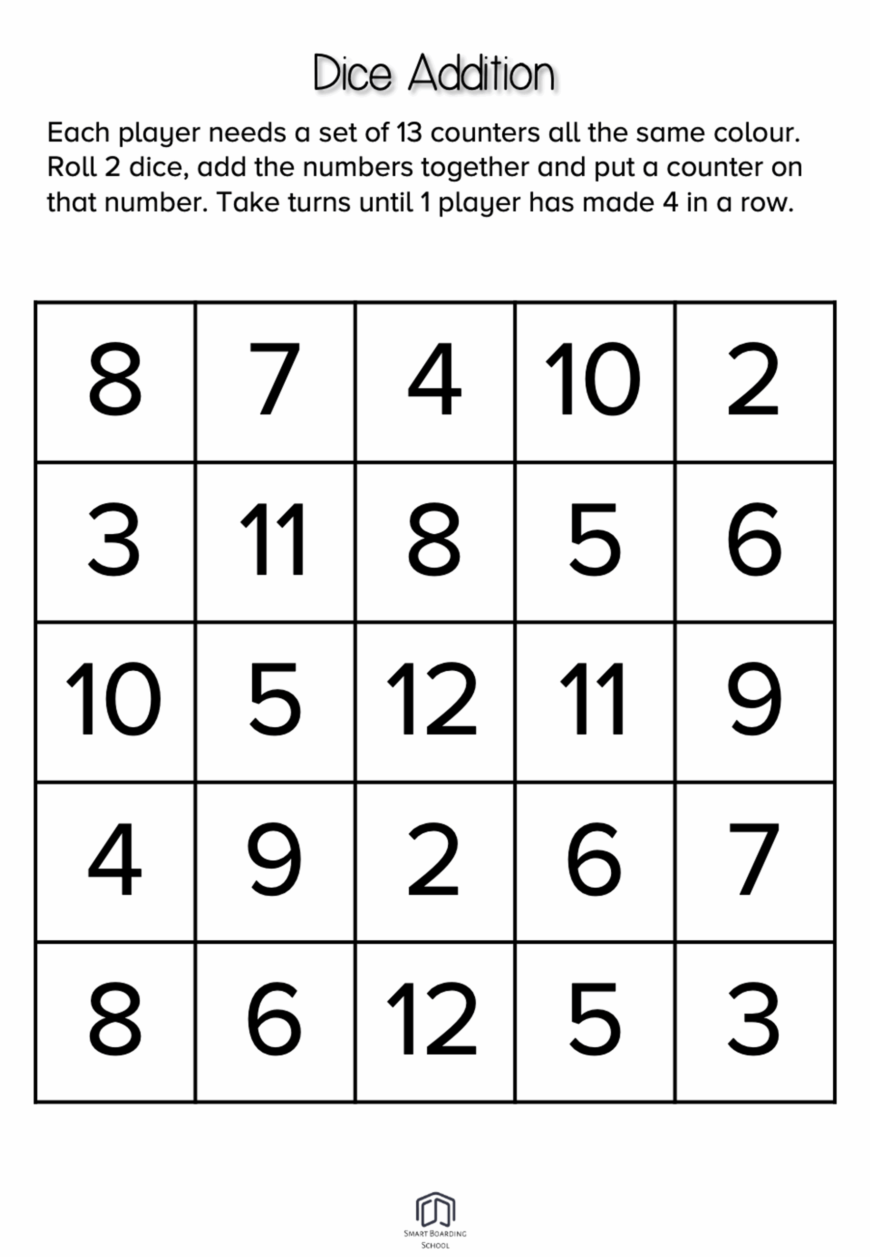 Free Printable Dice Addition Worksheets