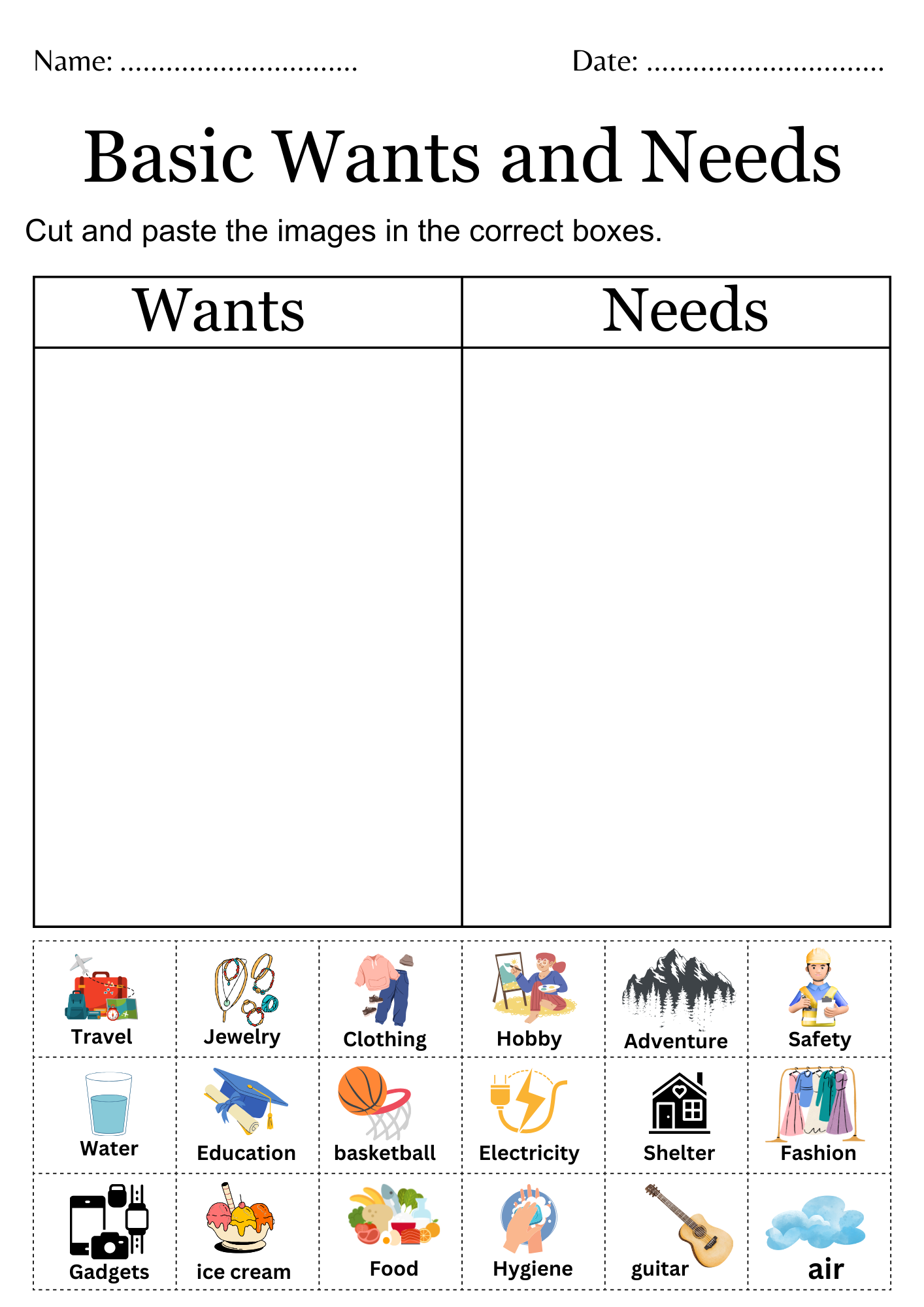 Printable Identifying Needs And Wants Worksheet Basic Needs Vs  Printable Identifying Needs And Wants Worksheet Basic Needs Vs