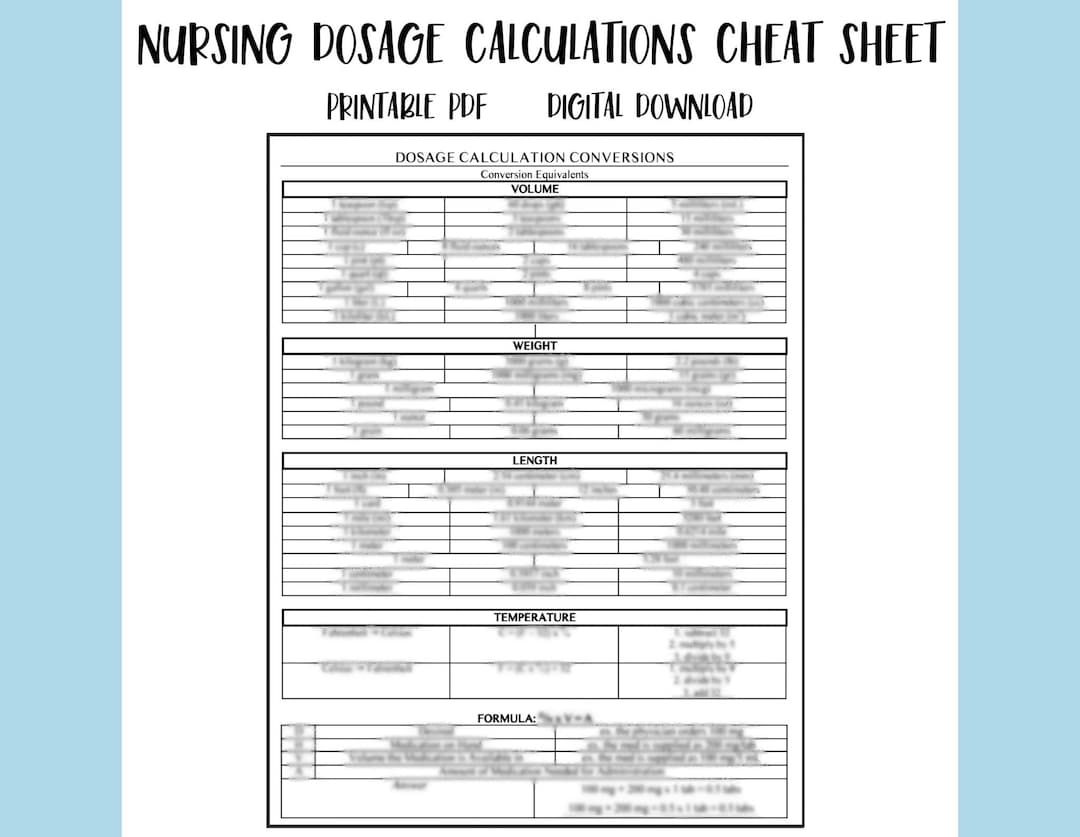 Printable Nursing Pharmacology Dosage Calculations Cheat Sheet Medication Math Measurement Conversions Nursing Student Study Guide PDF Etsy Ireland