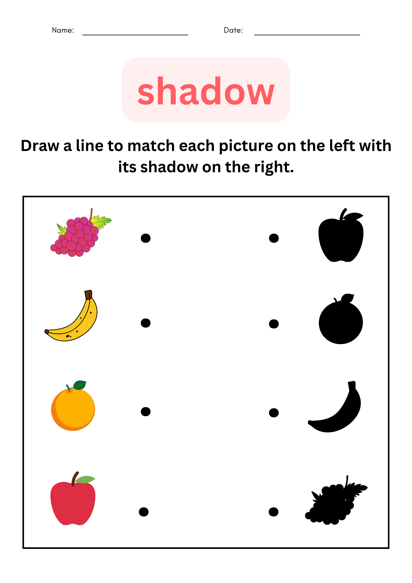 Printable Shadow Matching Worksheets Animals Shapes Fruits For Grade 1 2 3