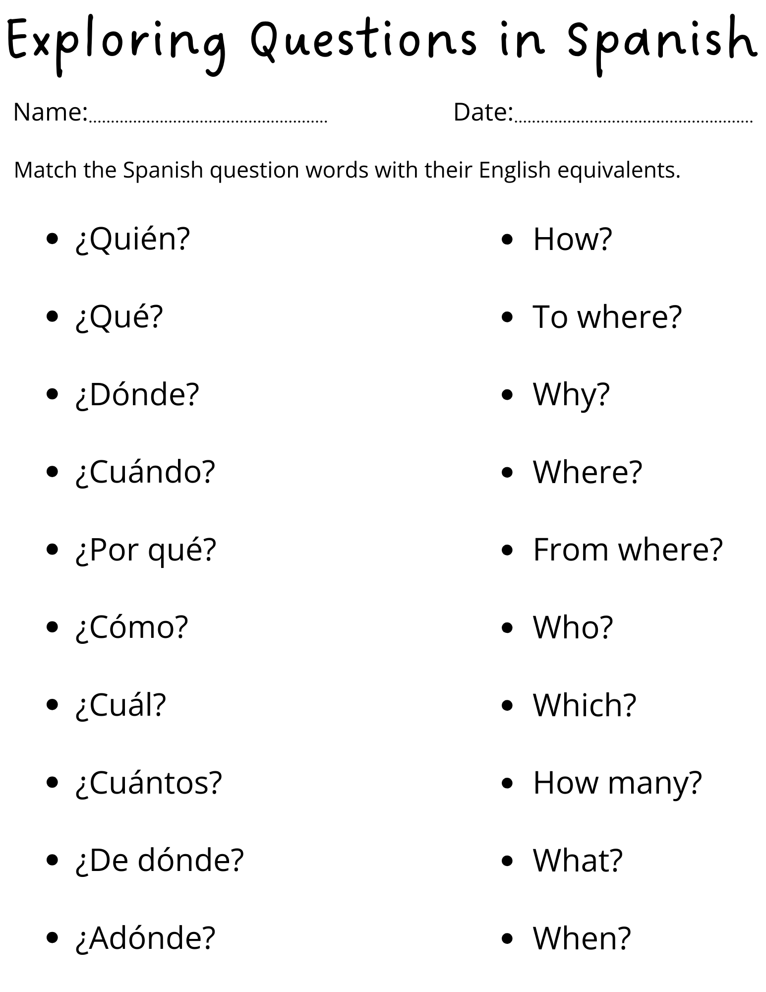 Free Printable Spanish Worksheets Pdf
