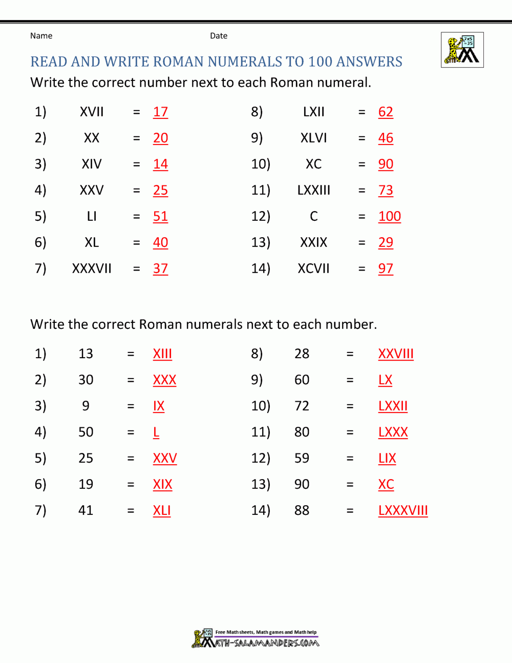 Roman Numerals Worksheet Roman Numerals Worksheet