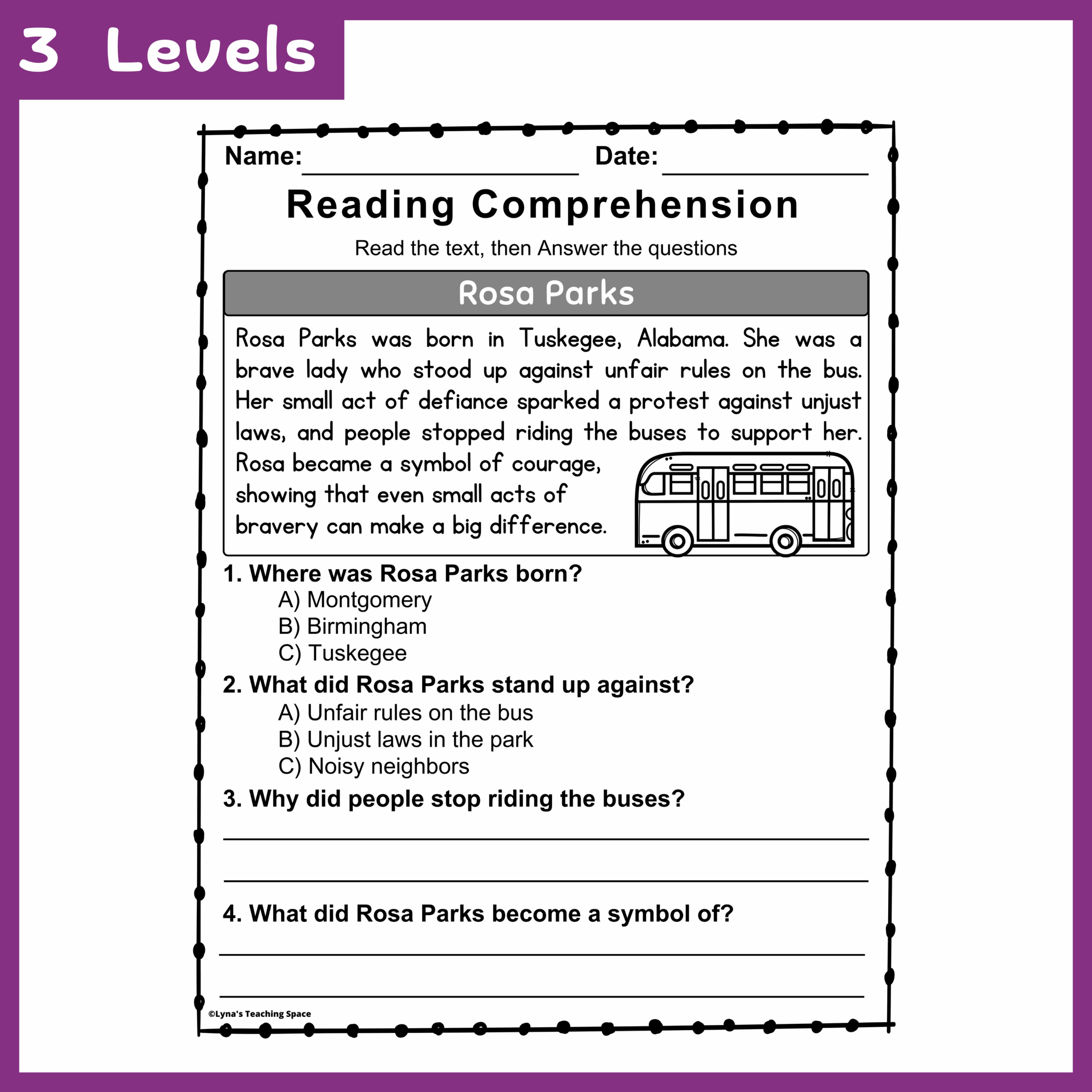 Rosa Parks Reading Comprehension Passages And Activities Worksheet No Prep 
