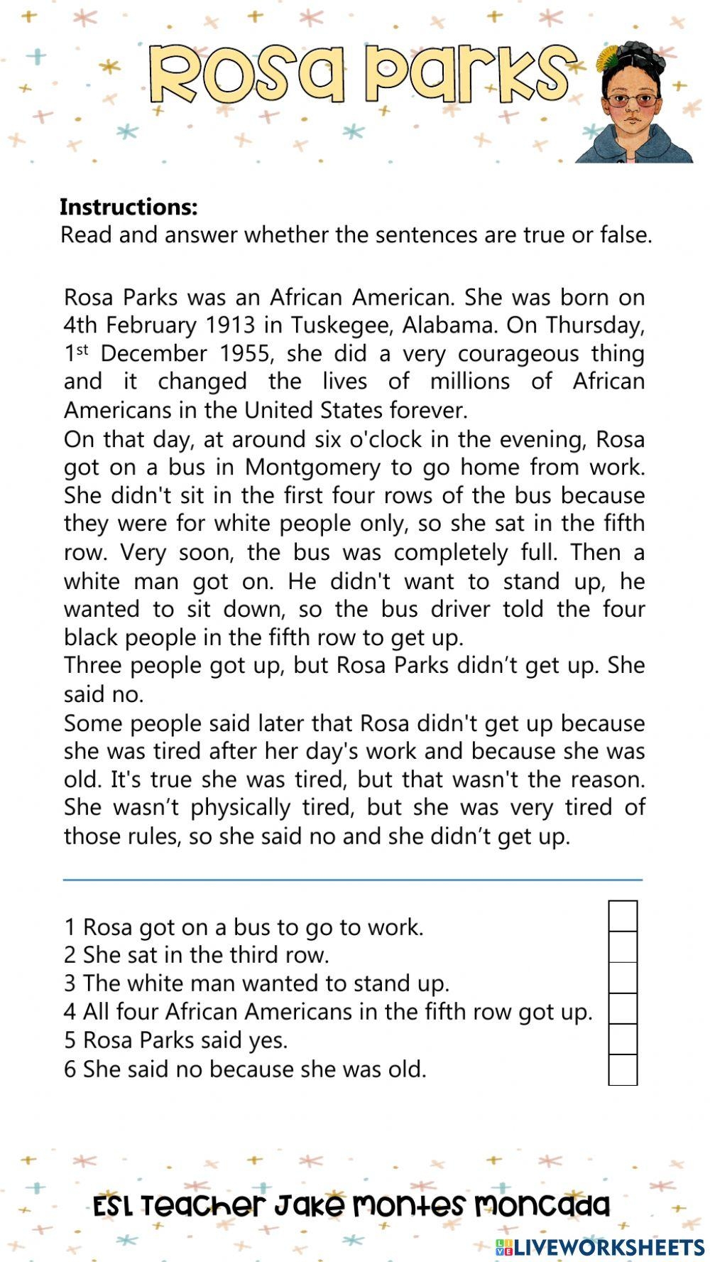 Rosa Parks reading Comprehension Worksheet Live Worksheets 