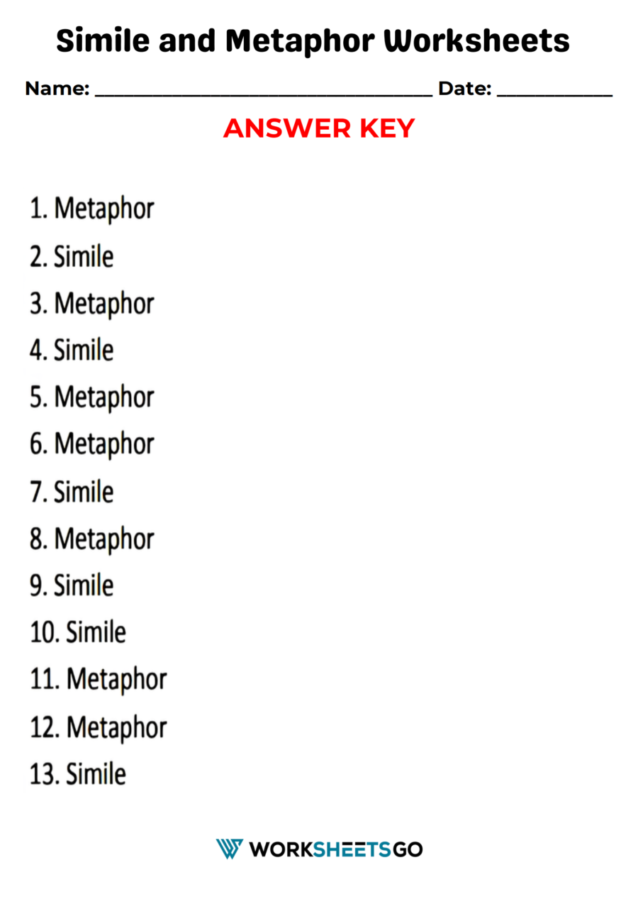 Free Printable Metaphor Worksheets