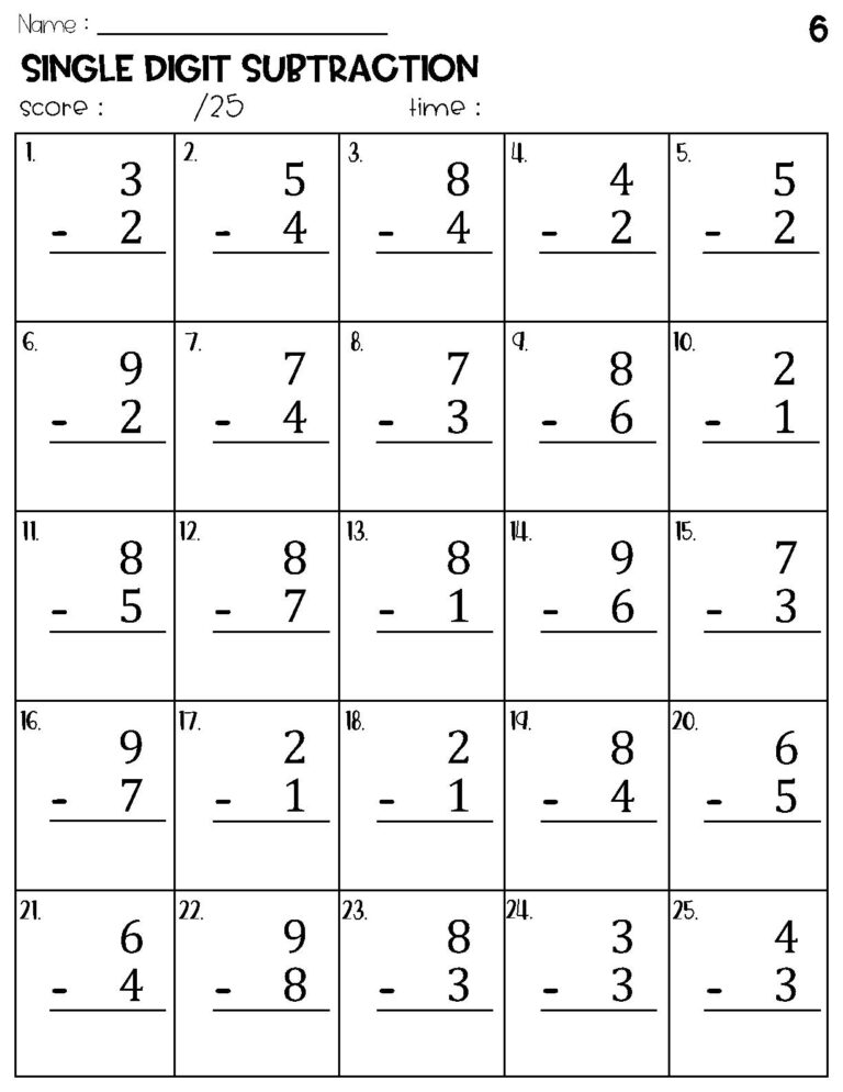 Single Digit Subtraction Worksheets Instant Download Etsy