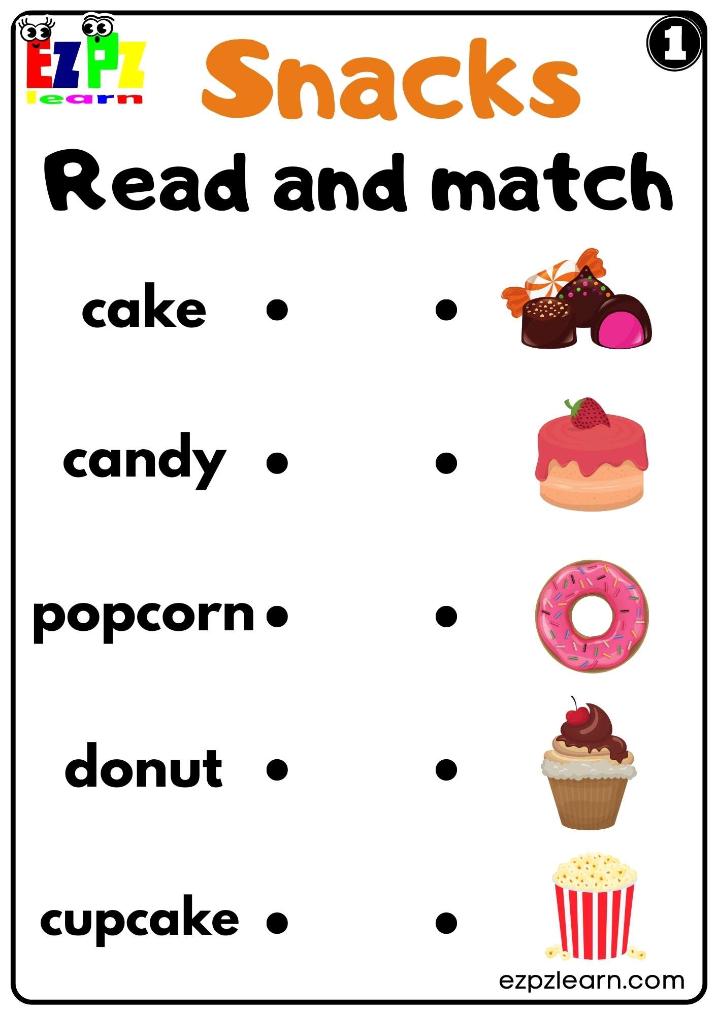 Snacks Read And Match Worksheet For ESL And Kindergarten K5 Free 