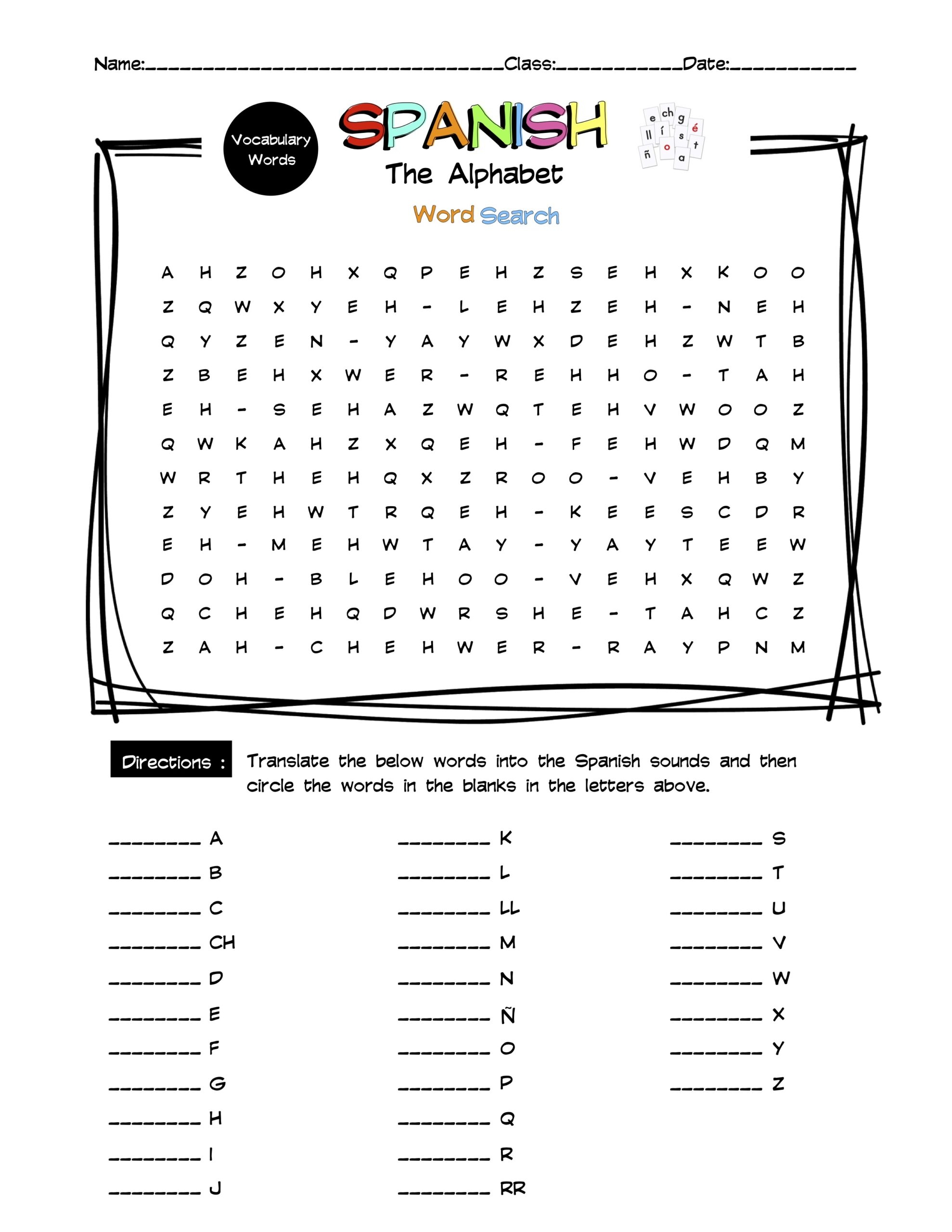 Spanish Alphabet Vocabulary Word Search Worksheet U0026 Answer Key Made By Teachers
