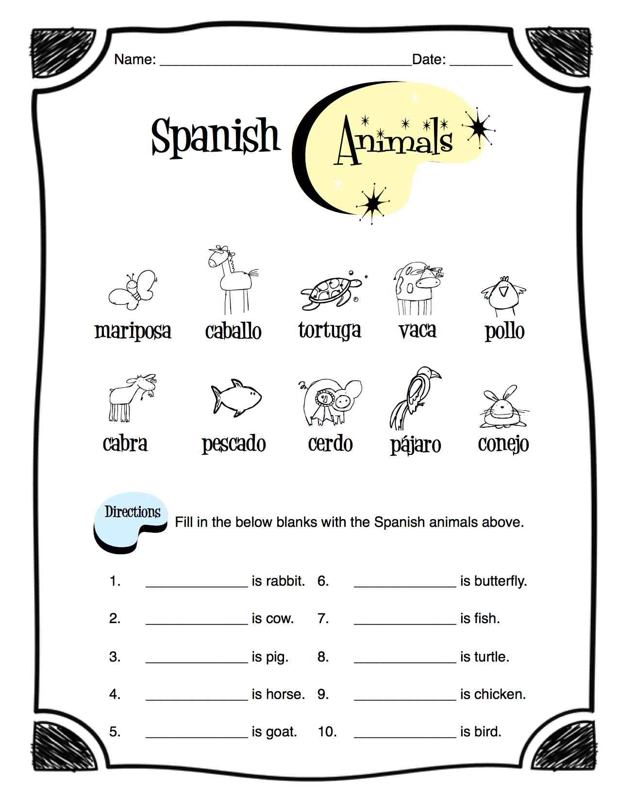 Spanish Animals Worksheet Packet