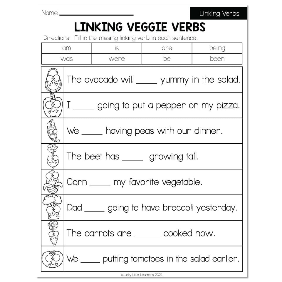 Spring Early Finishers 2nd Grade ELA Linking Verbs Linking Veggie Verbs Lucky Little Learners