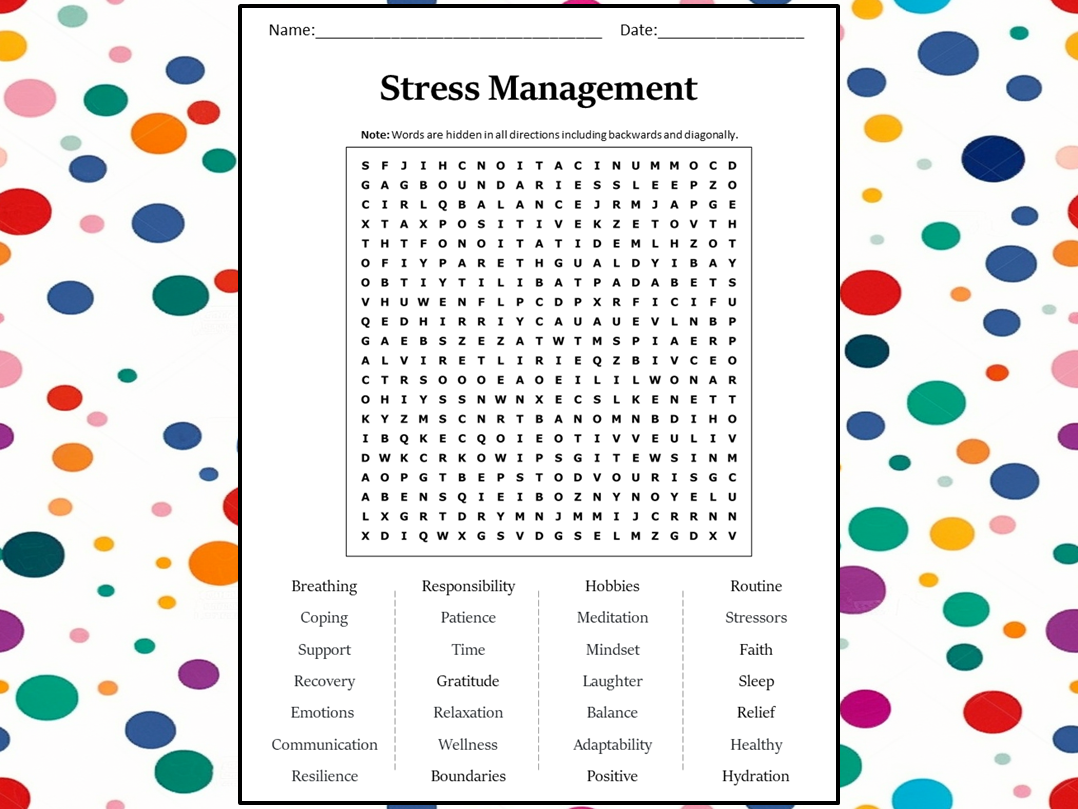 Stress Management Word Search Puzzle Worksheet Activity Teaching Resources