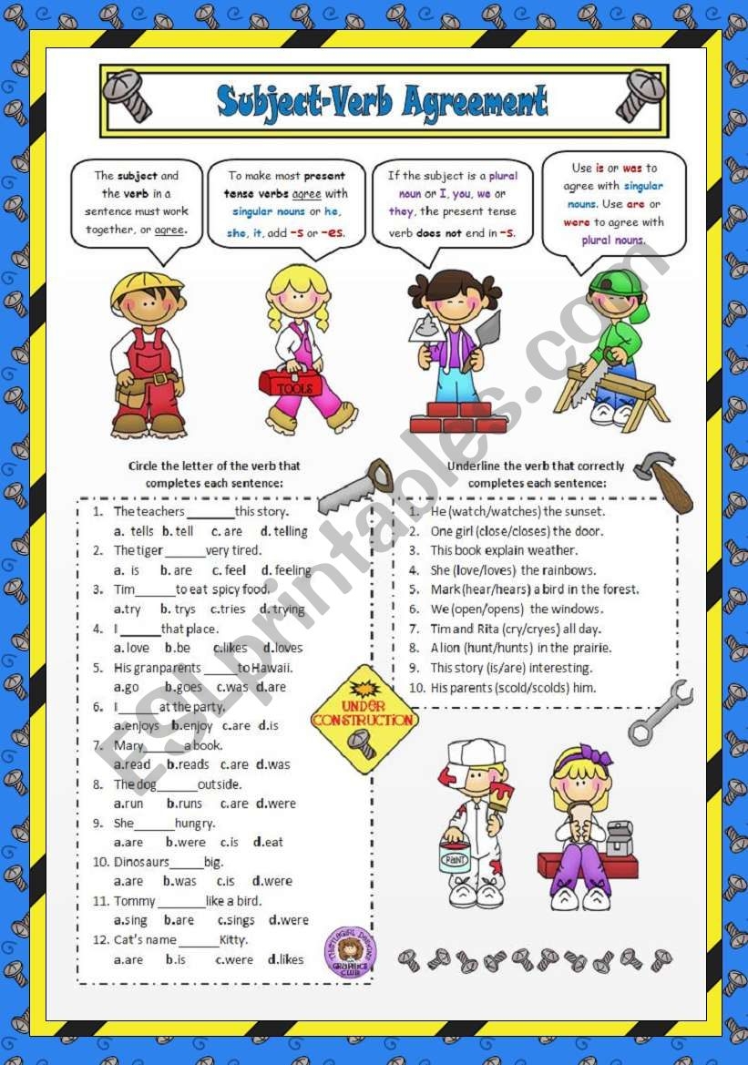 Free Printable Subject Verb Agreement Worksheets