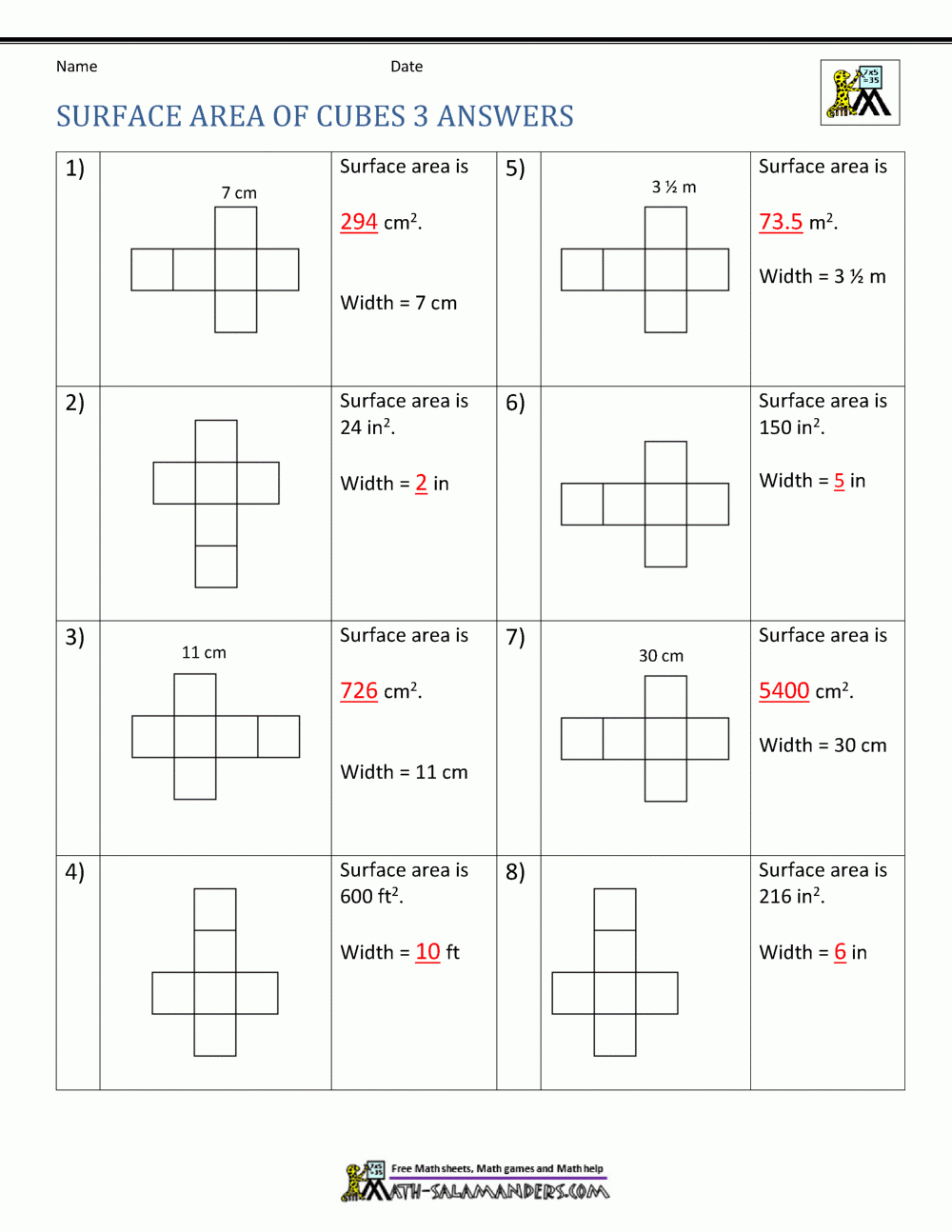 Free Printable Surface Area Worksheets