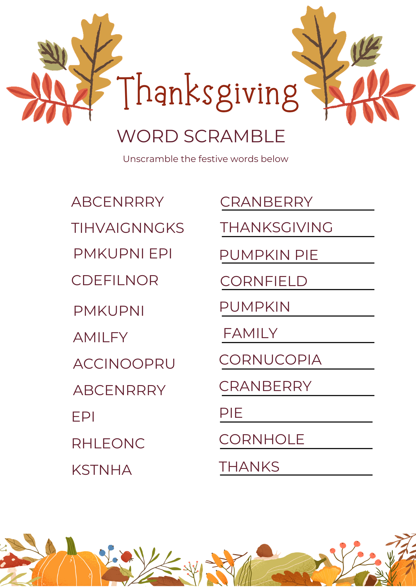 Thanksgiving Word Scramble Fun Free Printable Puzzle 