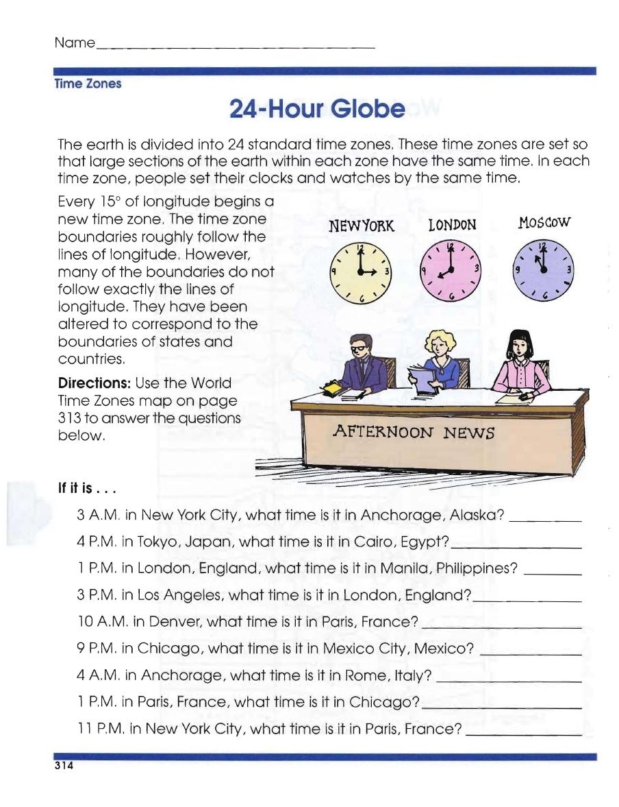 Free Time Zone Worksheets Printable