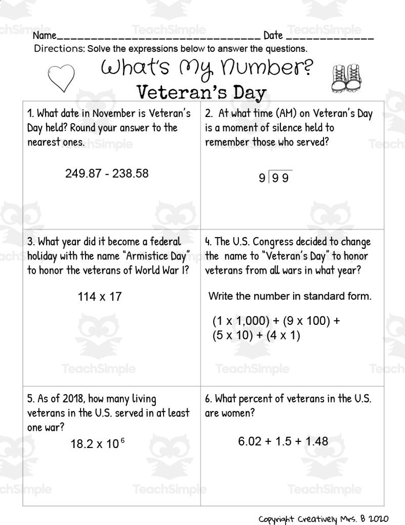 Veteran s Day Math Trivia Worksheet