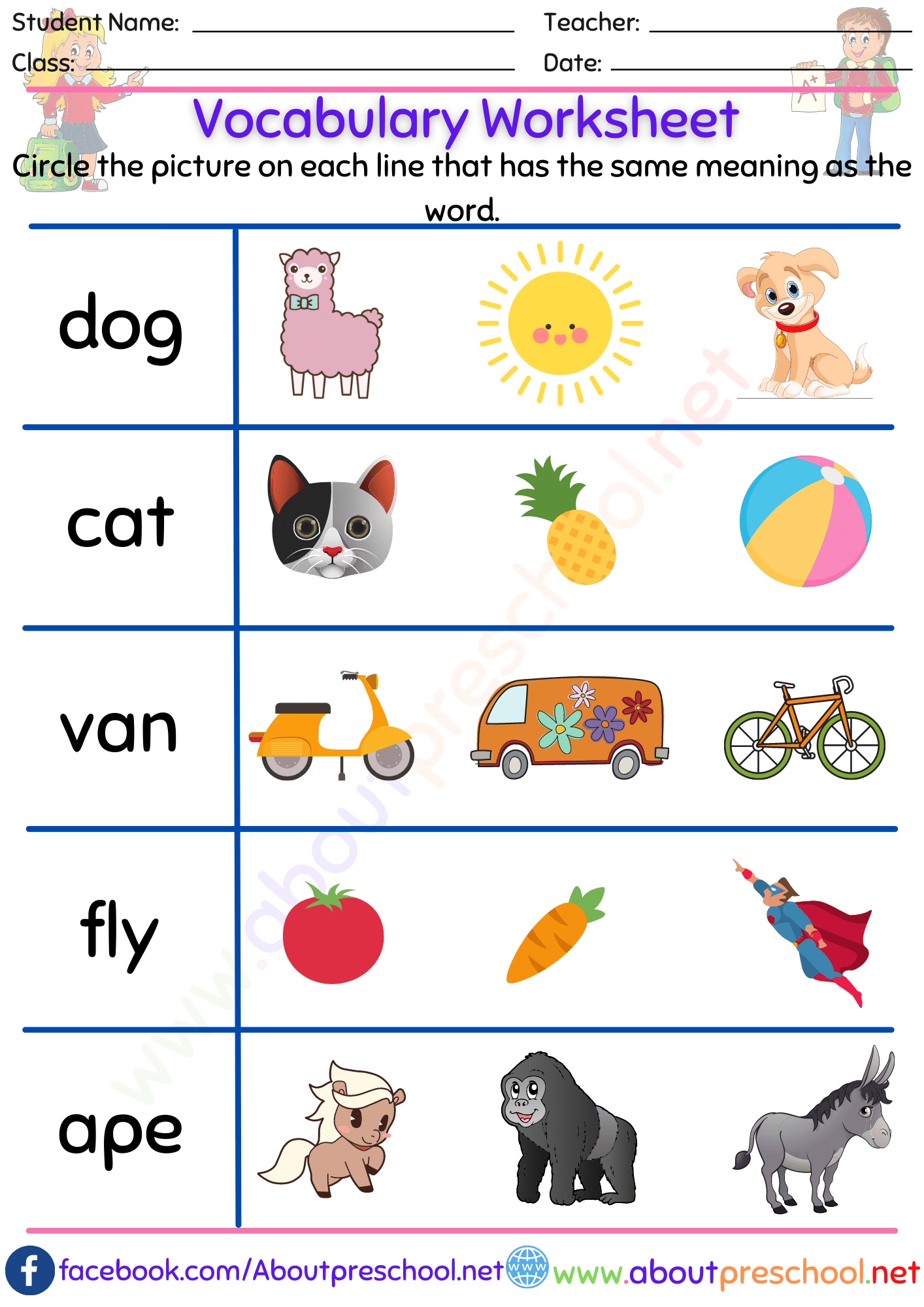 Free Printable Vocabulary Worksheets For Kindergarten