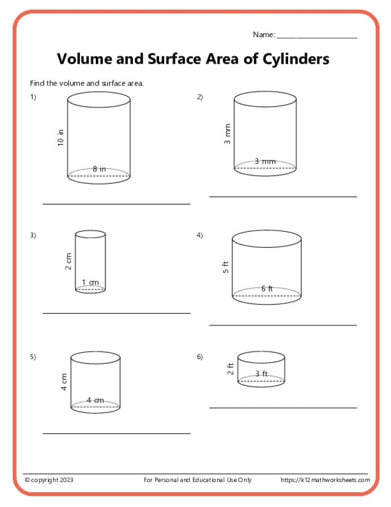 Volume And Surface Area Of Cylinders K12 Math Worksheets
