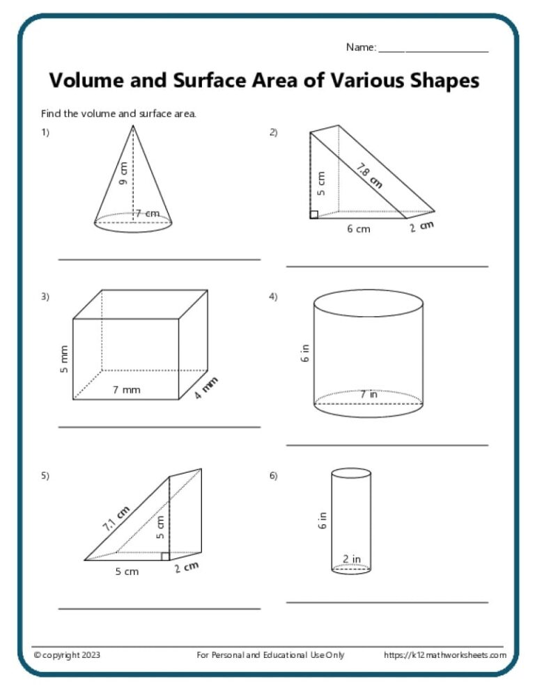 Volume And Surface Area Of Various Shapes K12 Math Worksheets