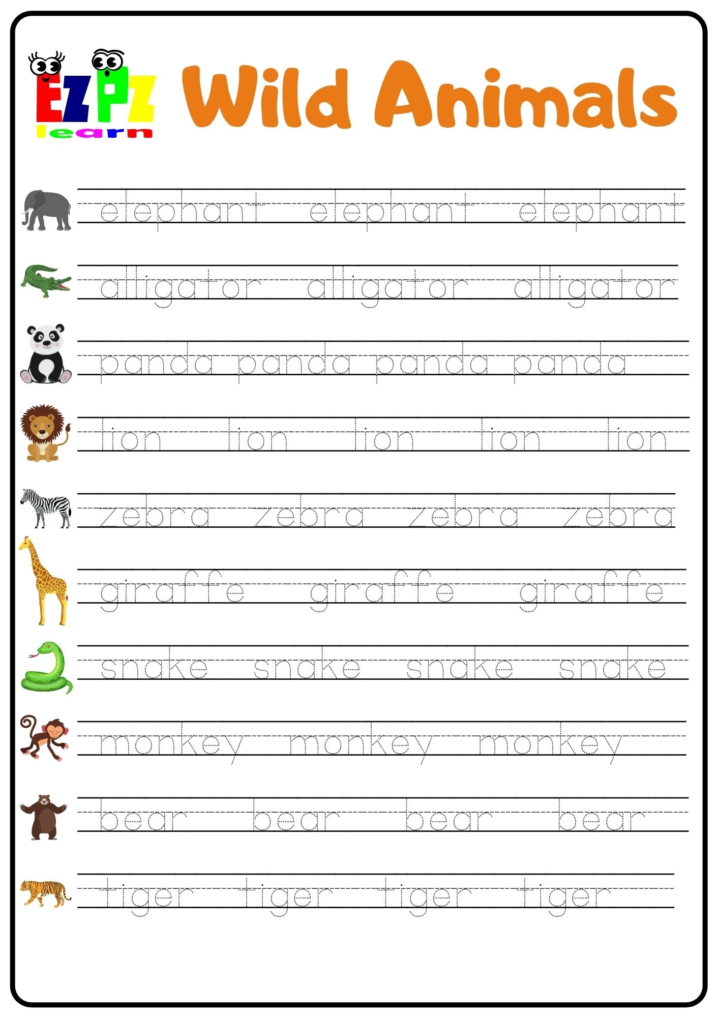 Wild Animals Word Tracing Worksheet Ezpzlearn