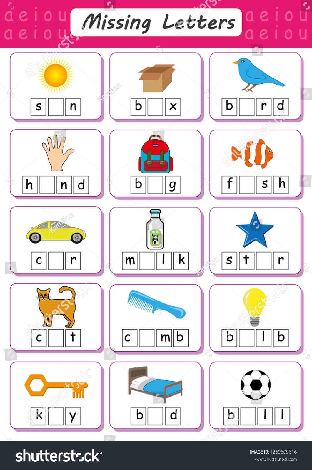 Write Missing Short Vowel Printable Worksheet Stock Vector 